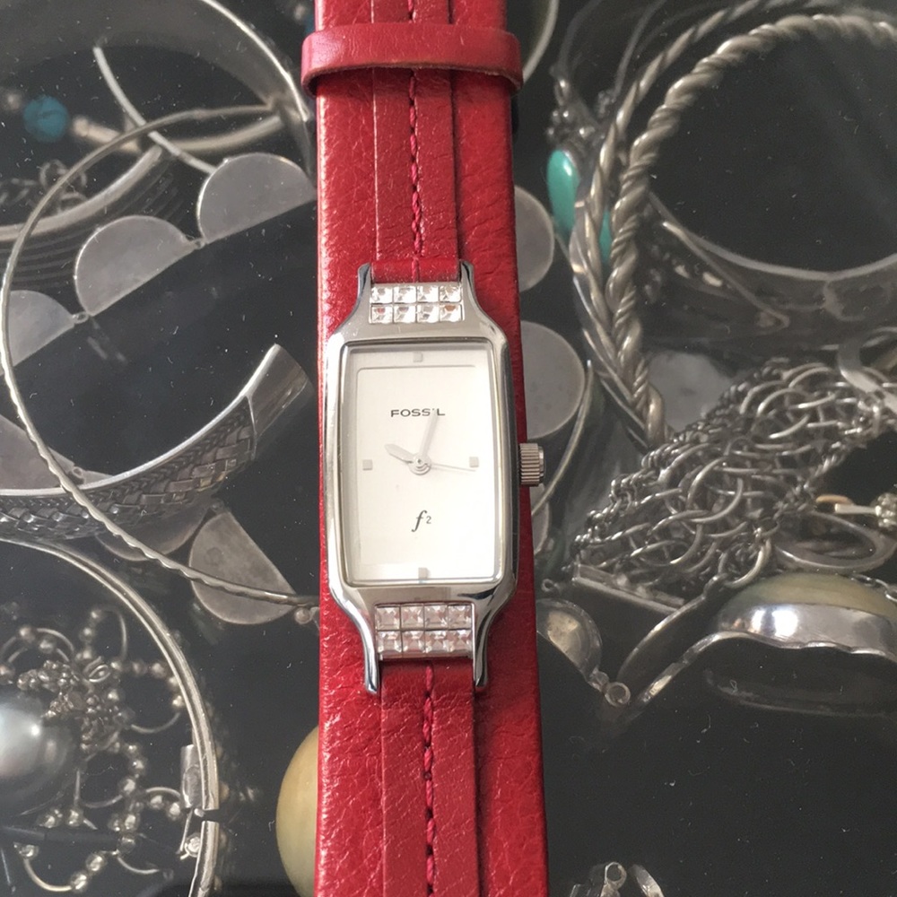 Fossil Red Strap Statement Watch With Crystals - image 3